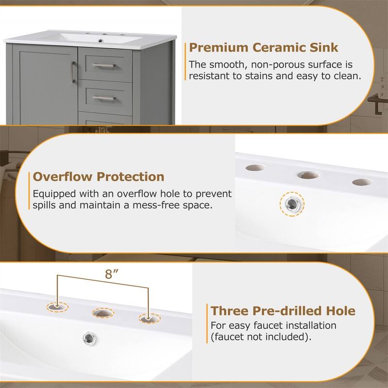 30" Bathroom Vanity with Ceramic Sink Top, Modern Bathroom Storage Cabinet with Soft Close Door, 3 Drawers and Removable Tray