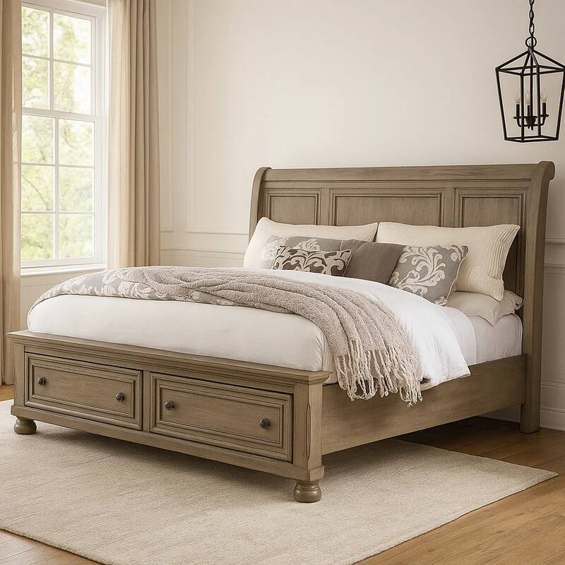 Ava King Bed with Footboard Storage and Bun Feet, Gray Solid Wood