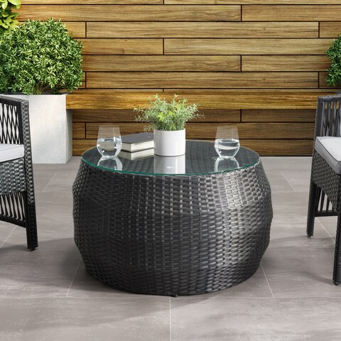 CorLiving Parksville Black Rattan Round Coffee Table