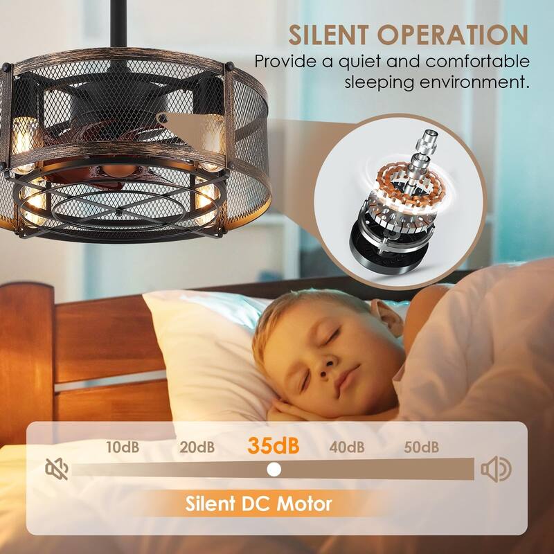 18'' Indoor Black Caged Ceiling Fans with Lights, Flush Mount Ceiling Fan Lights, Industrial Ceiling Fan Light Fixtures