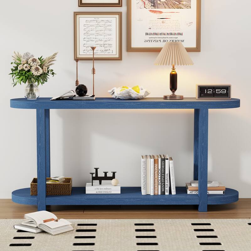 63" Oval Console Table with Ash Veneer, Sleek Design - Navy Blue