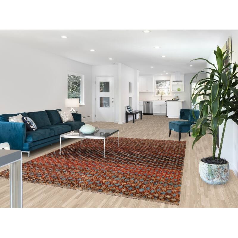 Hand Knotted Oriental 100% Wool Carpet Modern All-Over Oranges & Rust Moroccan Area Rug - 9' 6'' X 7' 2''