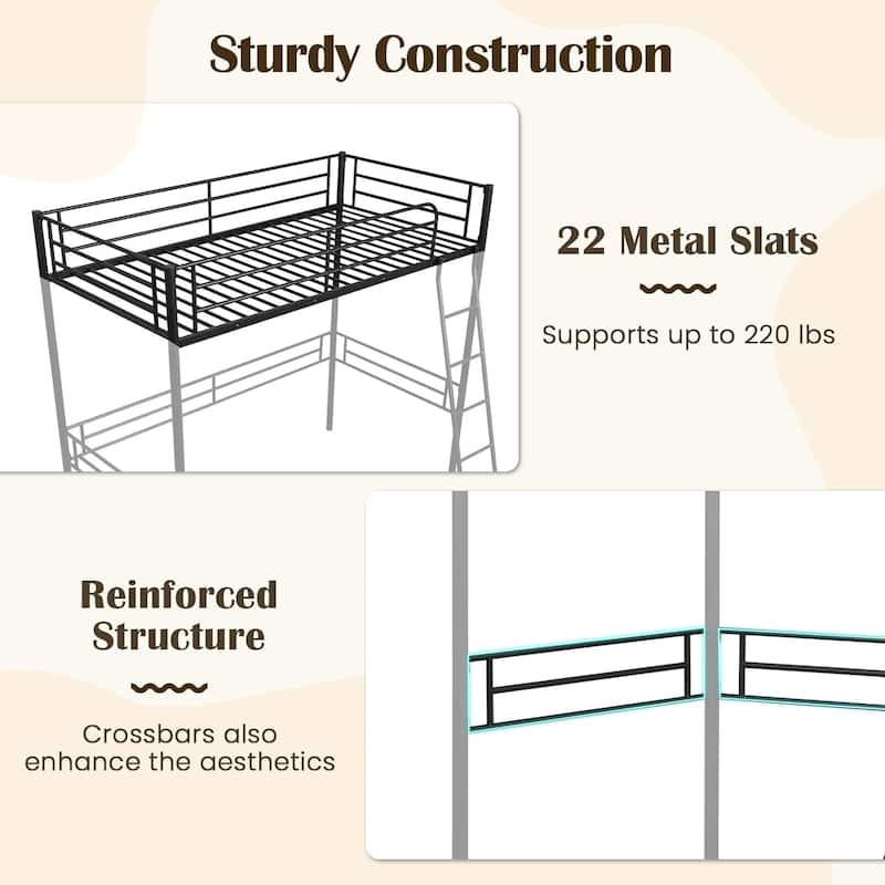 Twin Size Loft Bed Metal Loft Bed Frame w/Ladder & Safety Guardrail