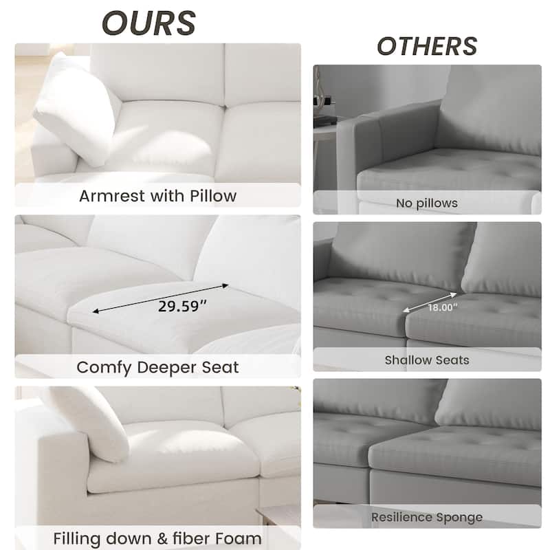 Large Down Filled Corner Sectional Sofa Couch with Ottoman for Living Room Set Linen Cloud Sectional Couches