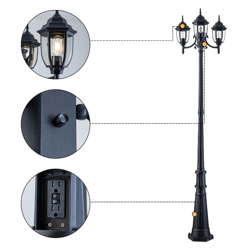 C Cattleya 89.5 inch Matte Black 3-Light Dusk to Dawn Outdoor Post Light with GFCI Outlet