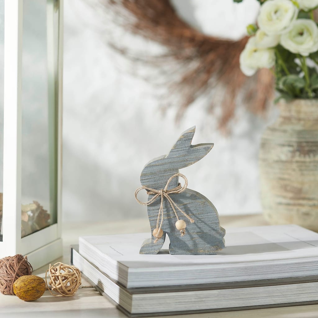 Bunny Hop Wooden Sitting Bunny Grey w/ Natural Beads 6x4x1