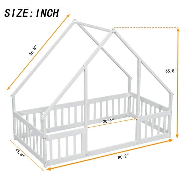 Twin Pine Wood House-Shaped Floor Bed Frame w/Fence & Guardrails,White