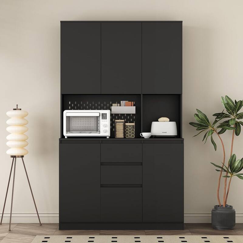 74” Kitchen Pantry Storage Cabinet with Charging Station - Black