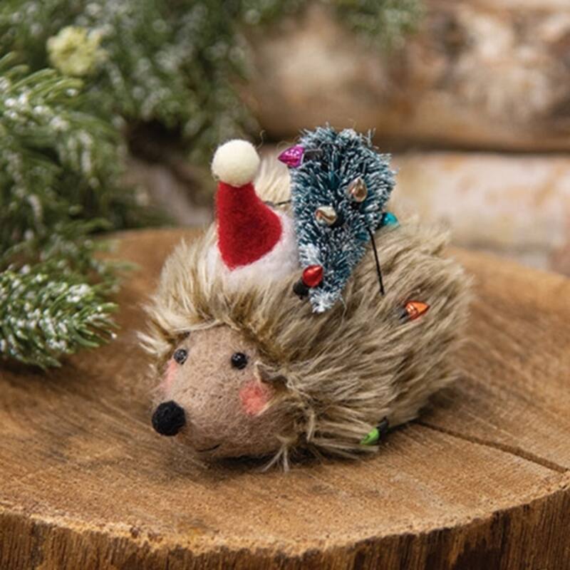 Hedgehog with Lights and Tree Felted Ornament for Christmas Tree - 3.50" x 2.25" x 3"