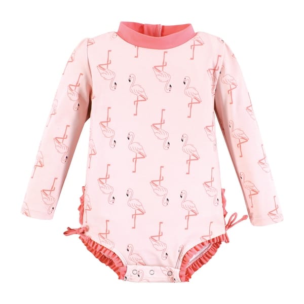 slide 1 of 1, Hudson Baby Girls Rashguard Baby Swimsuit, Pink Flamingo 12-18 Months - Pink Flamingo Baby