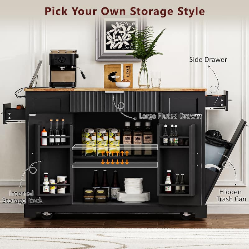 Fluted Kitchen Island with Trash Can Storage Cabinet, Kitchen Cart with Power Outlet Rolling Kitchen Islands on 5 Wheels