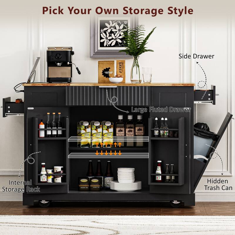 Fluted Kitchen Island with Trash Can Storage Cabinet,Power Outlet,Internal Storage Rack,3 Open Side Racks