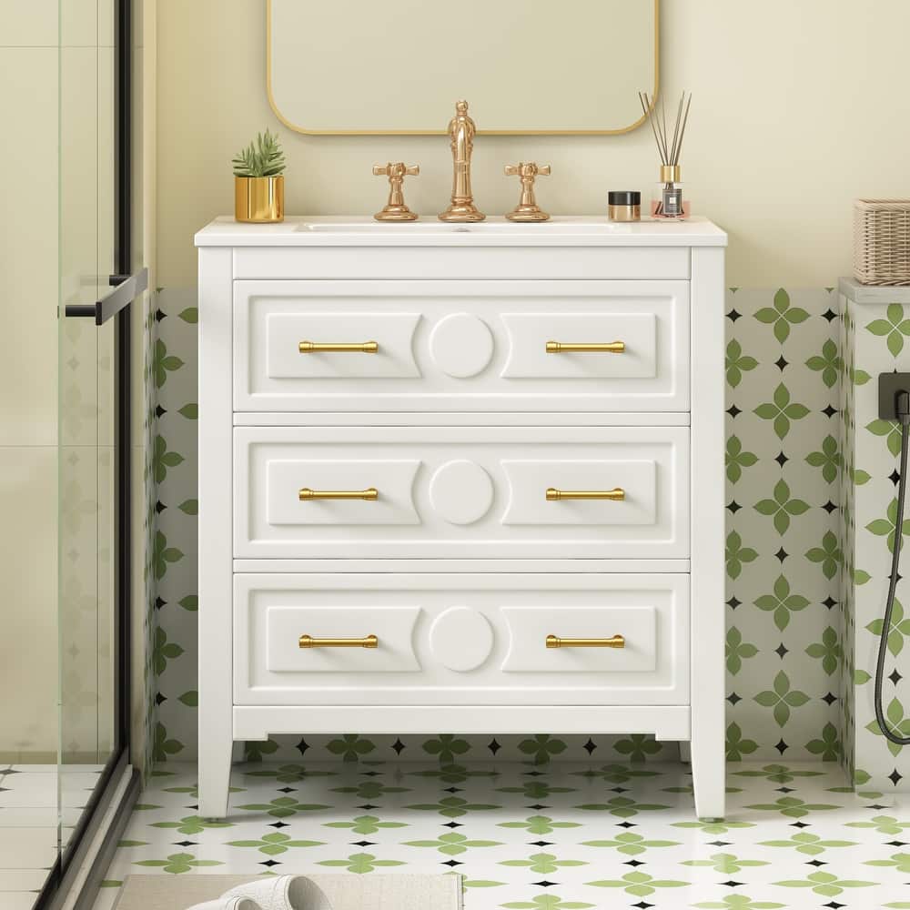 GDFStudio - Wimborne Retro Freestanding Bathroom Vanity with Ceramic Sink and 3 Storage Drawers - 30'W