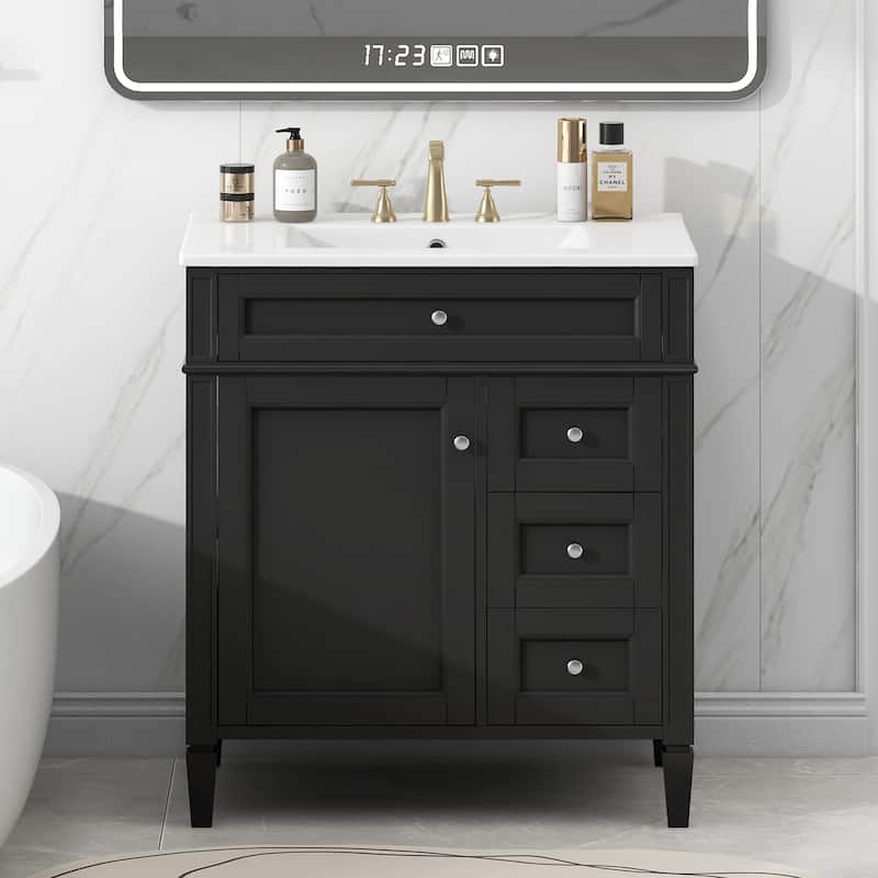GDFStudio - Caldwell Modern Bathroom Vanity with Ceramic Sink, 2 Storage Drawers and Tip-Out Organizer - 30'W - Black