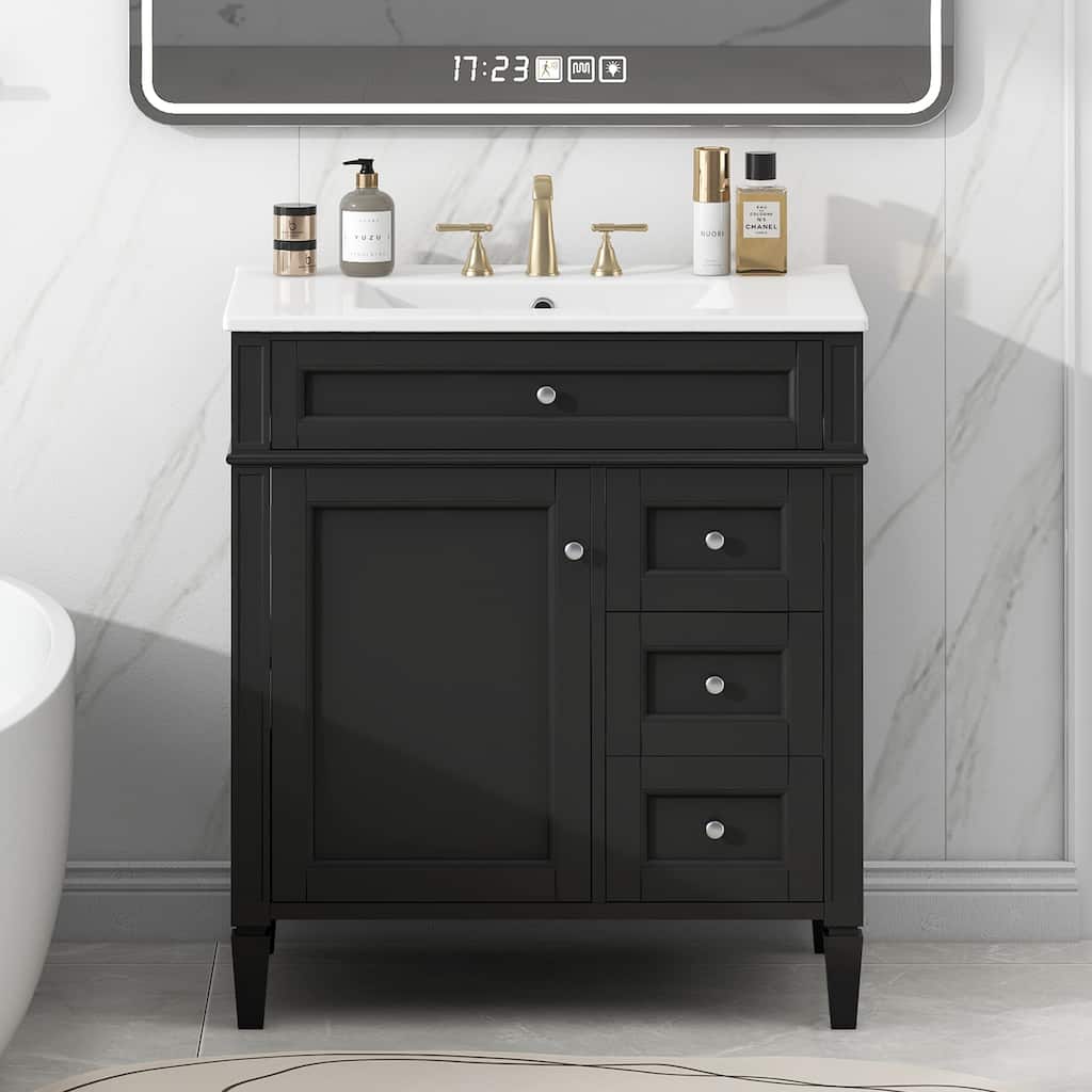 GDFStudio - Caldwell Modern Bathroom Vanity with Ceramic Sink, 2 Storage Drawers and Tip-Out Organizer - 30'W