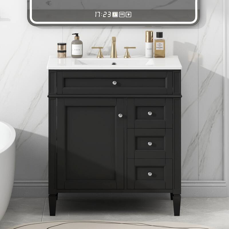 Single Sink Vanity for Bathroom Storage Cabinet with Tip-out Drawer, Small Drawer, Large Drawer, Door Rack and Adjustable Shelf - Black