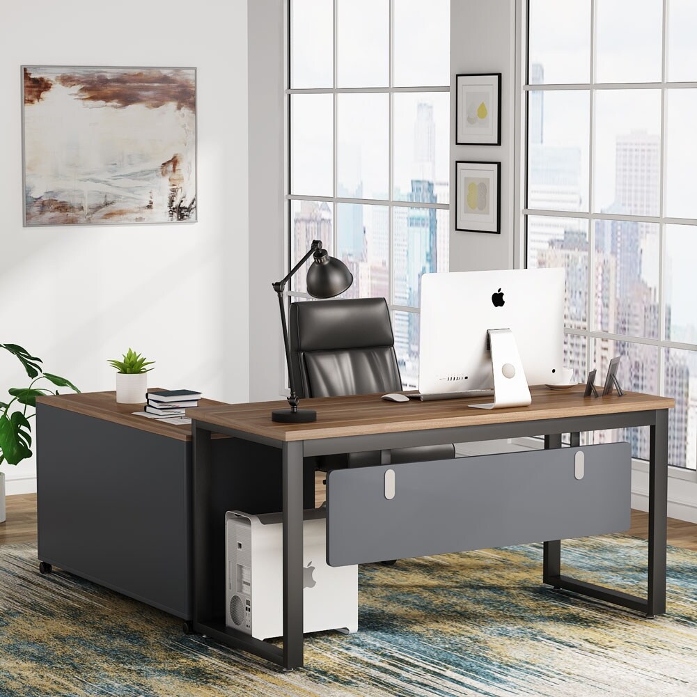 Shop Black Friday Deals On Rustic L Shaped Large Computer Office Desk With File Cabinet Set Overstock 31950781