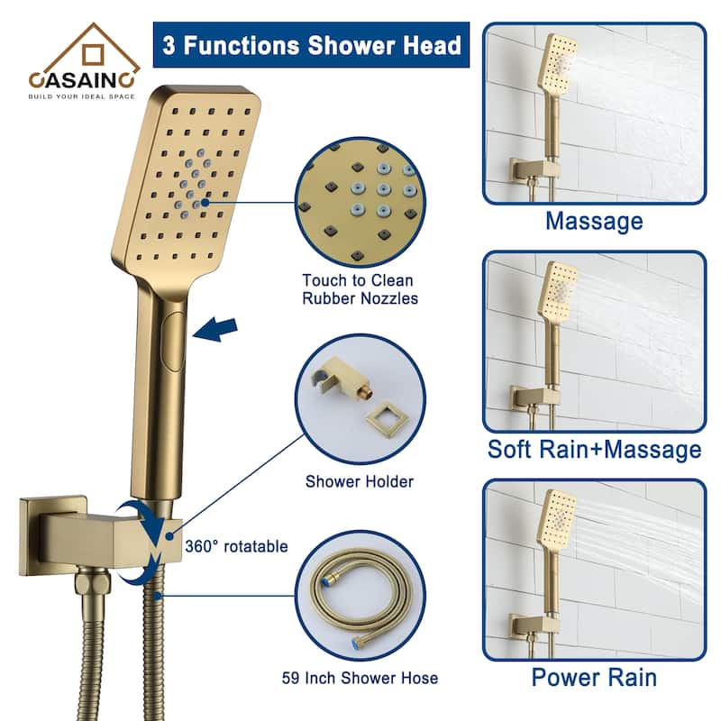 1-Handle 3-Spray Pattern 10 in Wall Mount Shower Head, Tub and Shower Faucet, Brushed Gold (Valve Included) - 10 inch