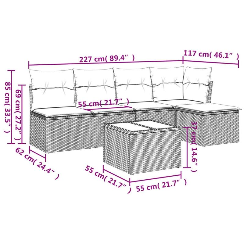 vidaXL 5/6 Piece Patio Sofa Set with Cushions Black/Brown/Gray Poly Rattan - 24.4 x 24.4 x 27.2