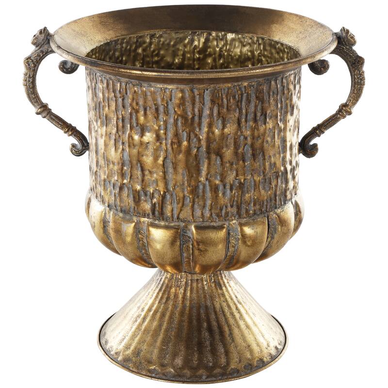 Gold Metal Urn Shaped Decorative Vase with Hammered Details