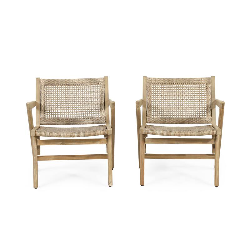 Set of 2 Transitional Outdoor Club Chairs w/ Acacia Wood Frames & Woven Wicker Finish for Patio, Balcony, Backyard