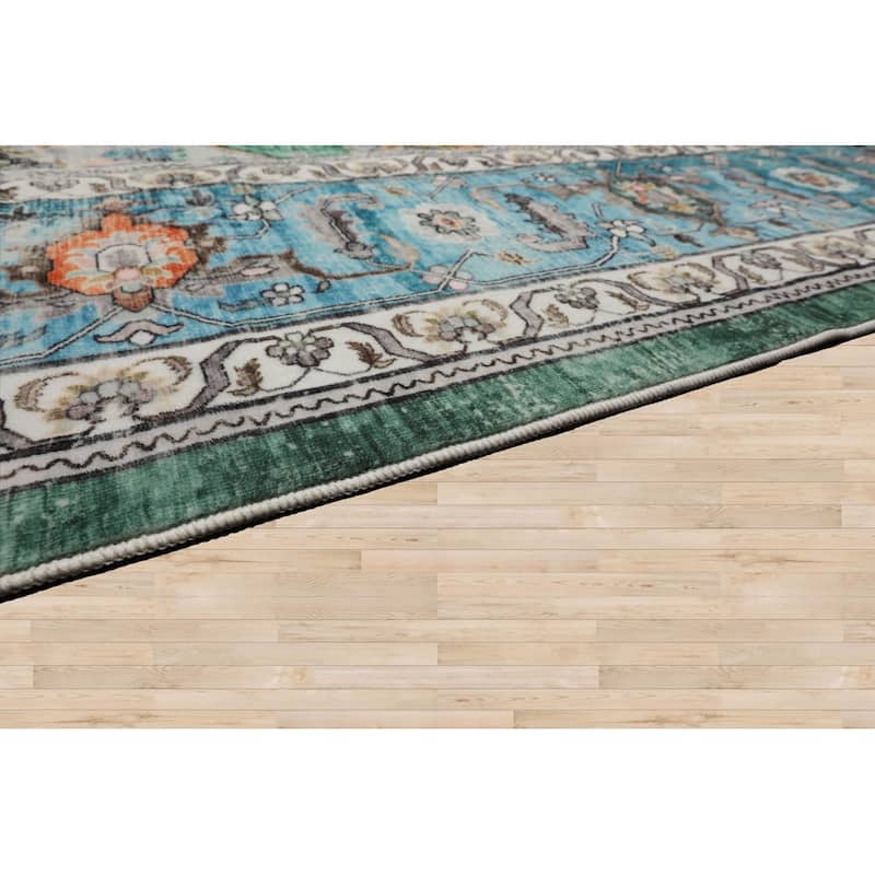 LoomBloom Washable Polyester Area Rug Green Arts & Crafts Machine Made