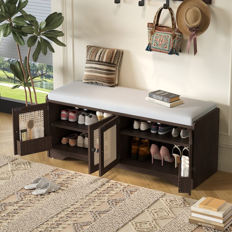 Rustic Storage Bench Multifunctional Wood Entryway Shoe Bench with Removable Cushion, Woven Rattan Doors & Adjustable Shelves - Espresso