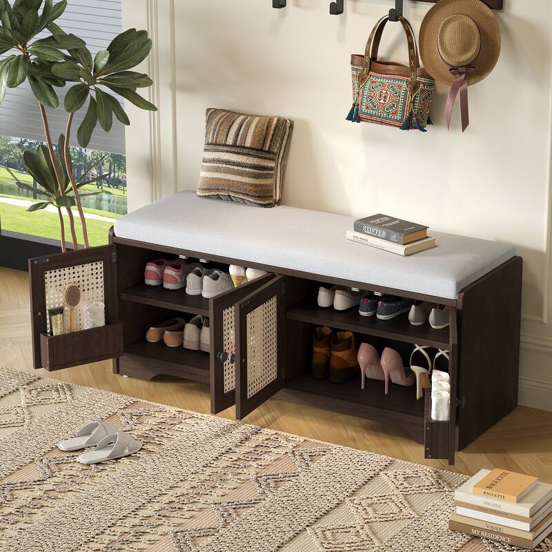 Rustic Storage Bench with Removable Cushion and Woven Rattan Doors