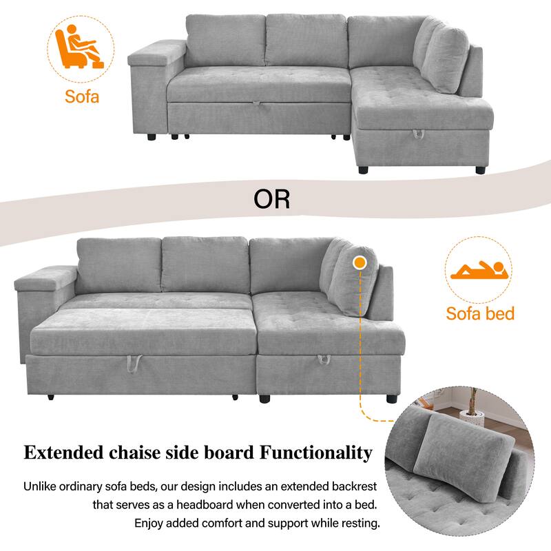 91.5" Polyester L-Shaped Sectional Sofa with Pull-Out Bed, Hidden Storage and Wide Storage Armrests