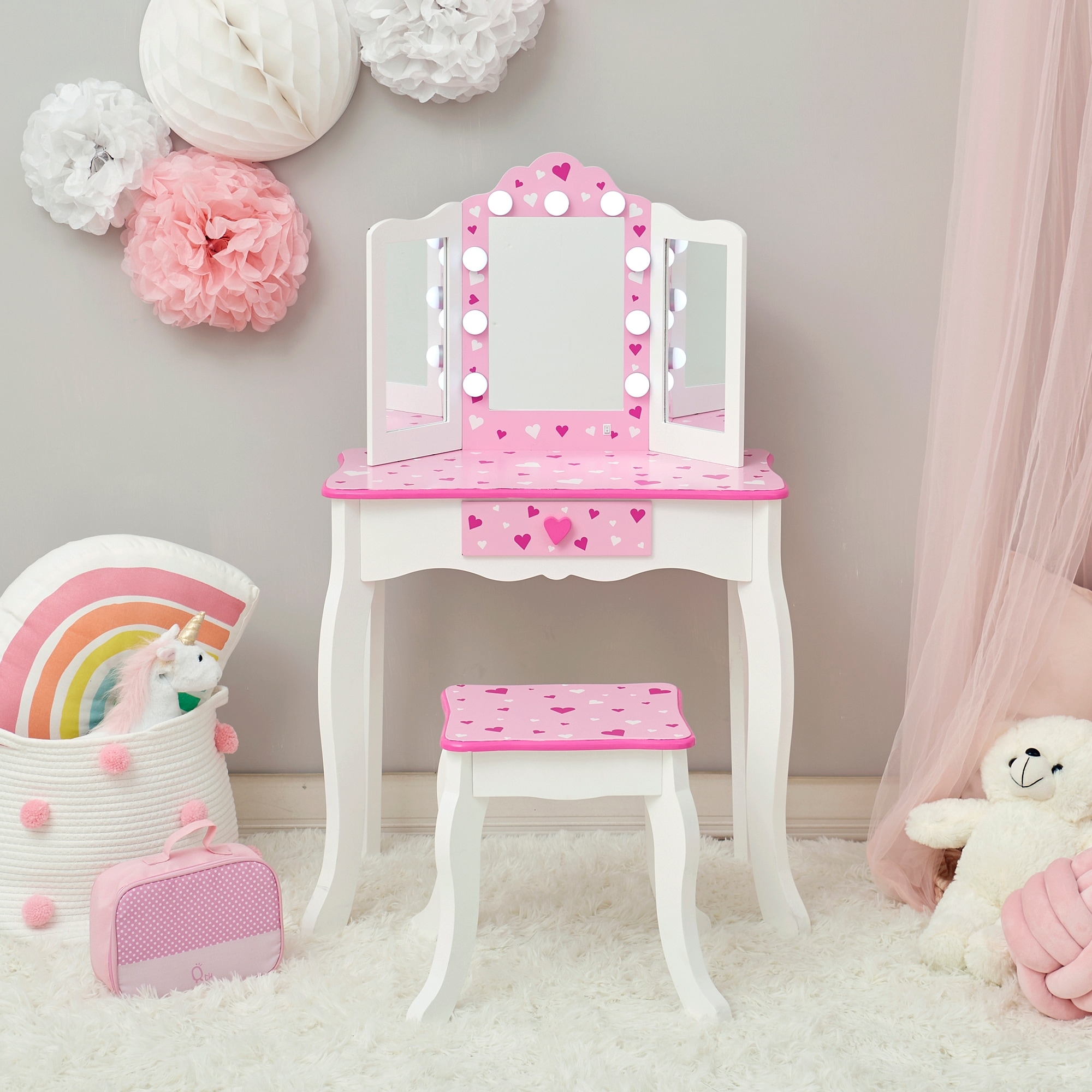 Teamson Kids Wooden Play Vanity Set with Tri-Fold Mirror, Storage Drawer and Stool, Kids Dressing Table for Girls Ages 3-5