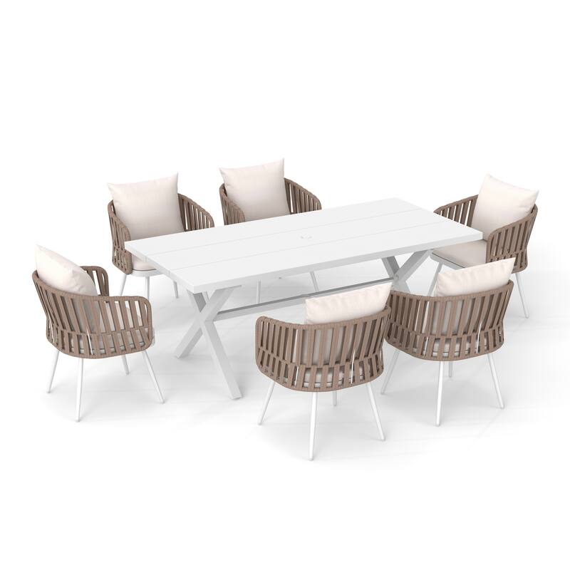 7-Piece Outdoor Dining Set Rope-Woven Arm Chairs and Dining Table with Umbrella Hole