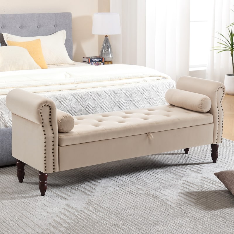 HOMYKA 66.9" Tufted Storage Bench with Rolled Arms Ottoman Long Bench