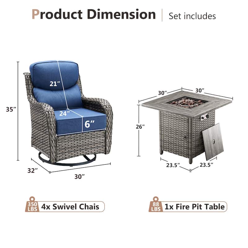 Pocassy 5 Pieces Outdoor 6" Swivel Chairs with Fire Pit Table