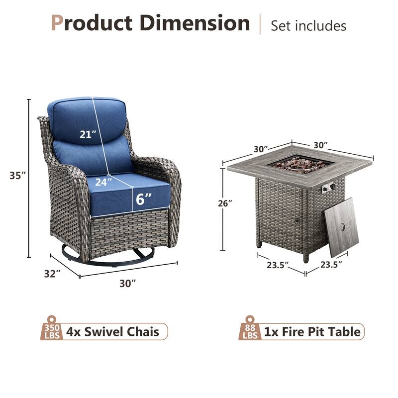 Pocassy Outdoor 6" Sofa Swivel Chairs with Fire Table Funiture