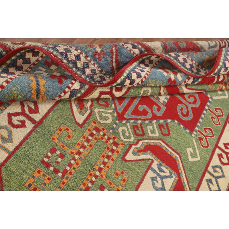 Green & Red Kazak Area Rug Hand-Knotted Wool Carpet - 6'7" x 9'7"