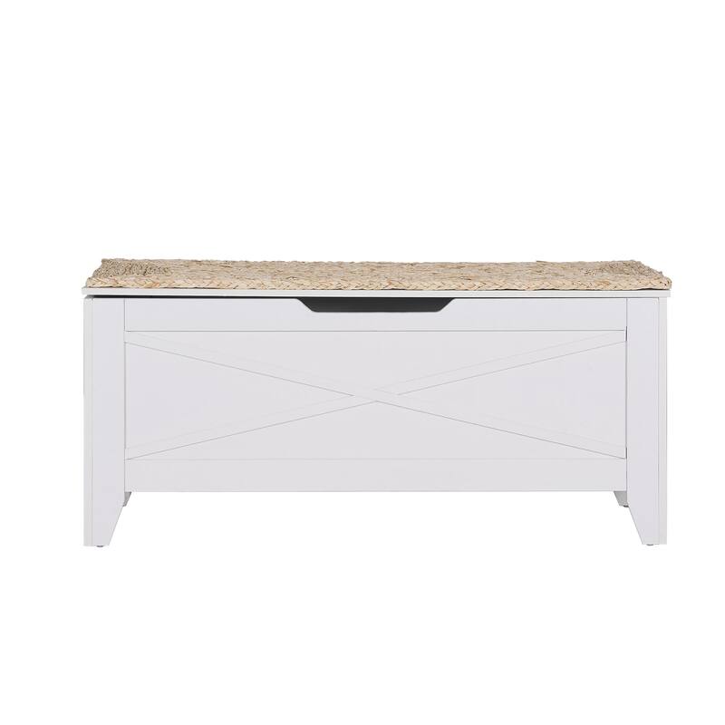 2 Pieces Storage Wooden Ottoman, Flip Top Ottoman Bench Set with Hand Weave Poufs Padded, Bed End Stool Set, Foot Rest Set