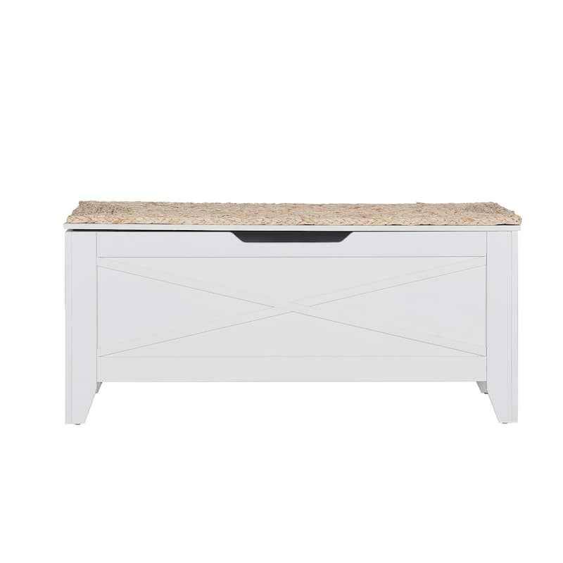 VECELO Storage Bench, Wooden Chest for Storage with Wicker Mat Safety Hinges Entryway Shoe Bench Storage Trunk(Set of 2)