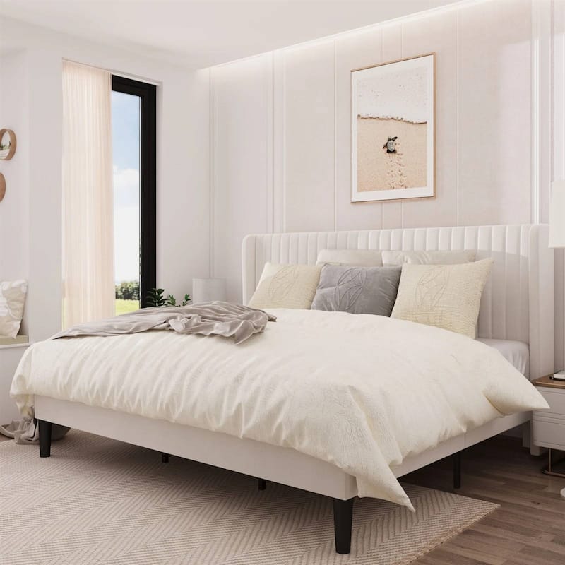 White Velvet Upholstered Platform Bed Frame with Wingback Headboard - White - King