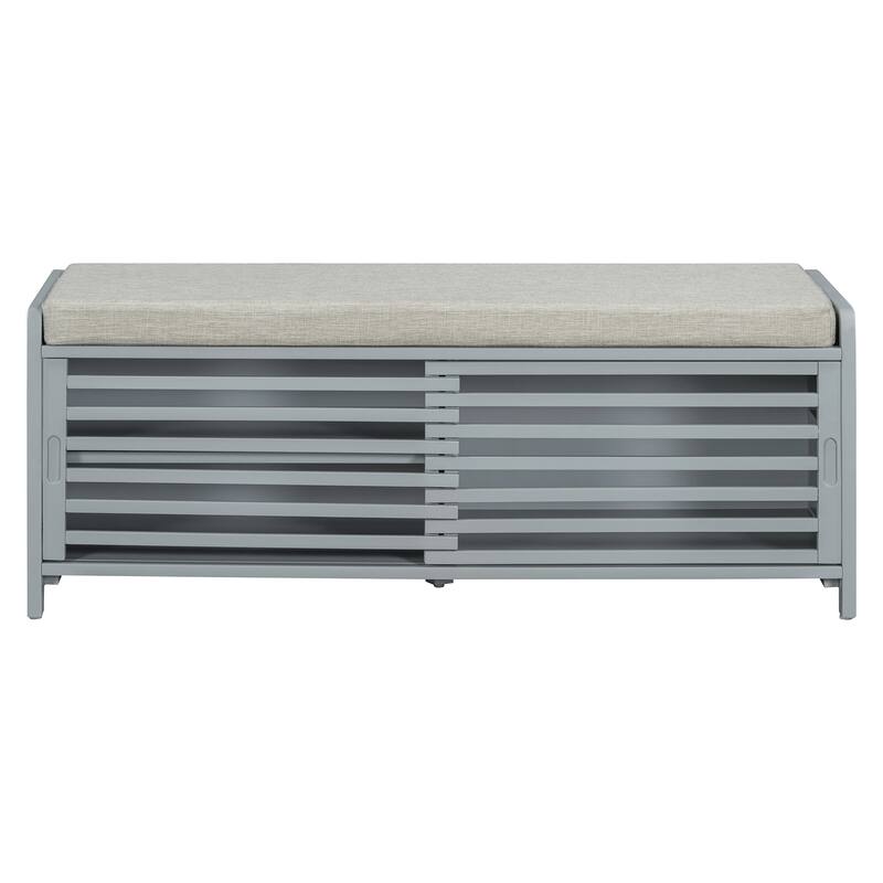 Entryway Bench Storage Shoe Bench w/ Cushion & Sliding Door, Shoe Cabinet Organizer for Living Room, 15.4" W x 43.3" D x 16.5" H