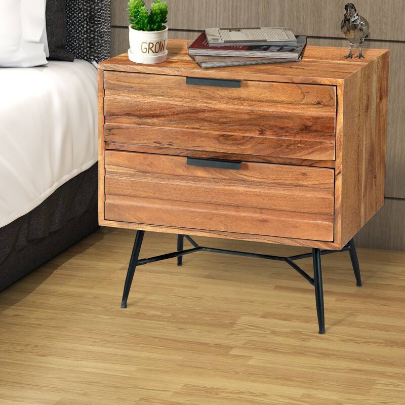 2 Drawer Wooden Nightstand with Metal Angled Legs, Black and Brown