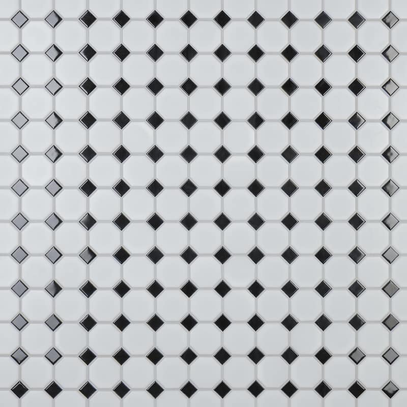 Merola Tile Metro Octagon Matte White w/Black Dot 11.5" x 11.5" Porcelain Mosaic