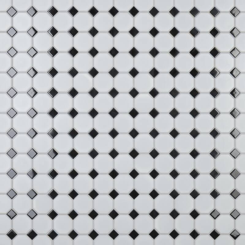 Merola Tile Metro Octagon Matte White w/Black Dot 11.5" x 11.5" Porcelain Mosaic