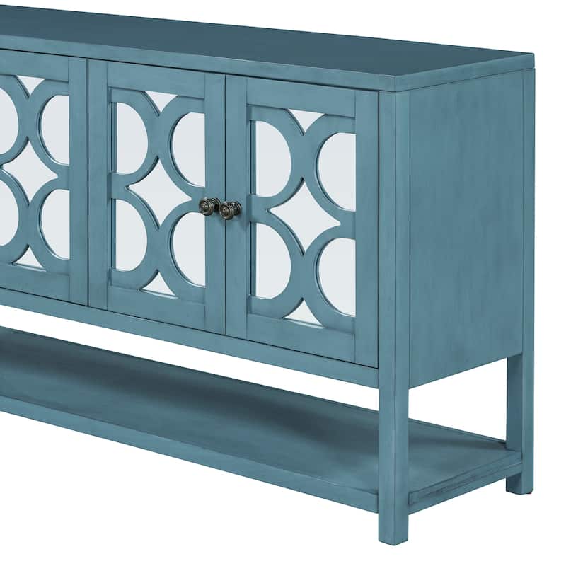 Sideboard Cabinet with Mirrored Doors, Accent Cabinets with Open Shelves, Storage Cabinet with Acacia Wood Legs