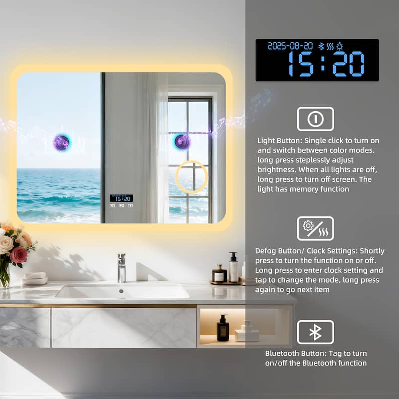 Smart LED Bathroom Mirror with Bluetooth Speaker, Anti-Fog Magnifying