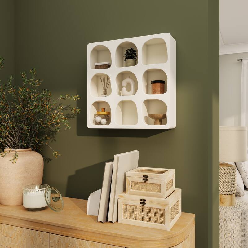 Cream or Black Wood 9 Shelf Geometric Room Wall Shelf