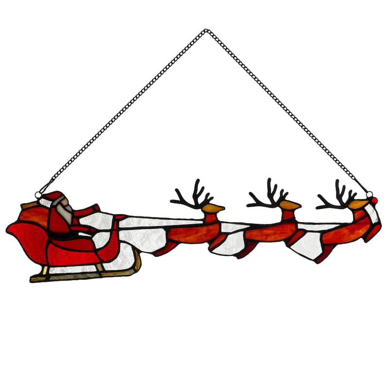 River of Goods 18-Inch Santa and Reindeer Christmas Stained Glass Window Panel - 18" x 0.25" x 4.5" - Multi