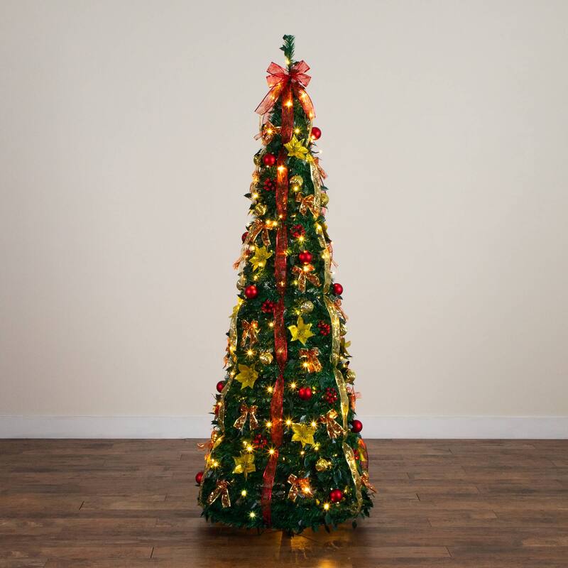 7-ft Pre-Lit Pop up Christmas Tree with Red & Gold Ornaments