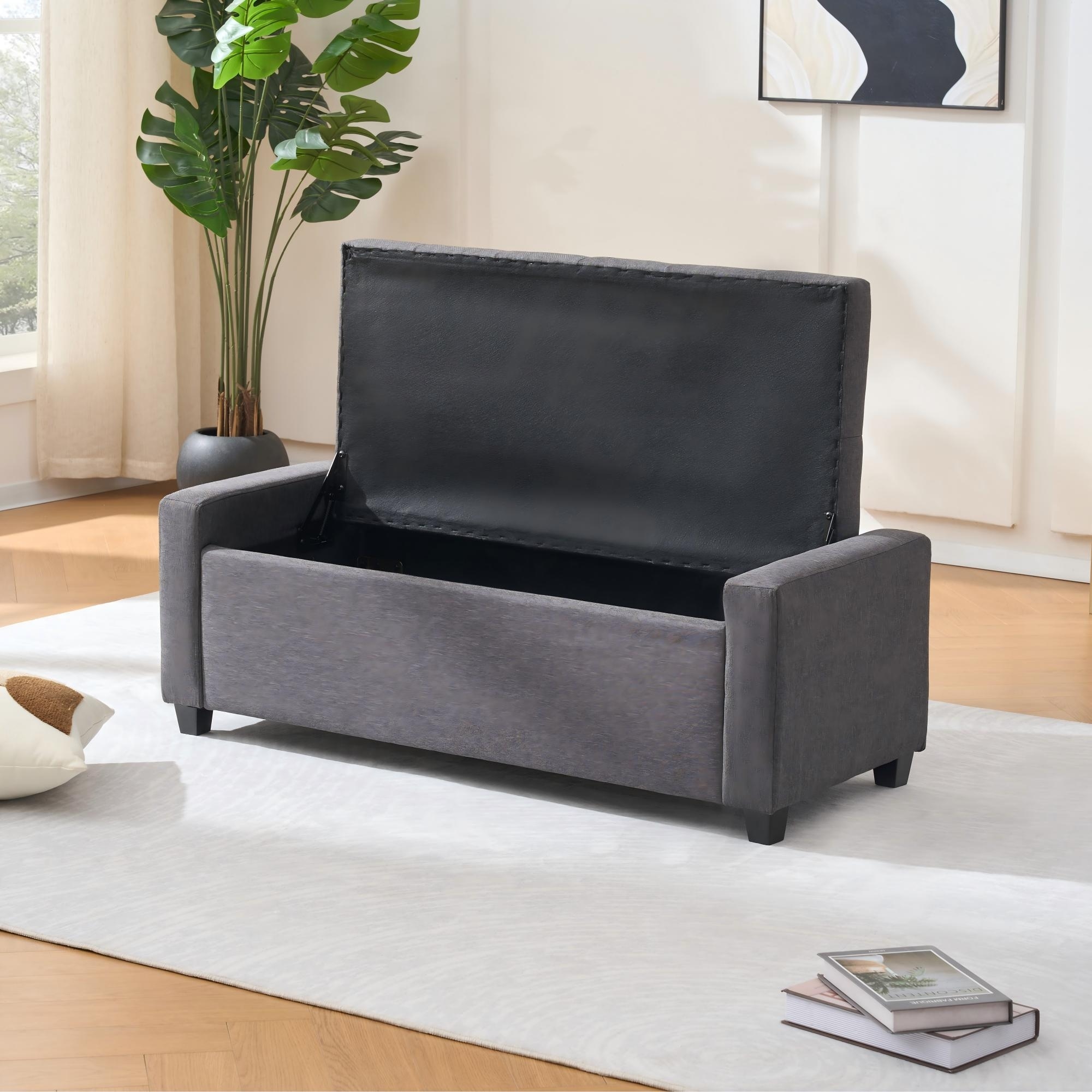 Storage Bedroom Bench With Faux Linen Upholstery And Arms For End Of Bed