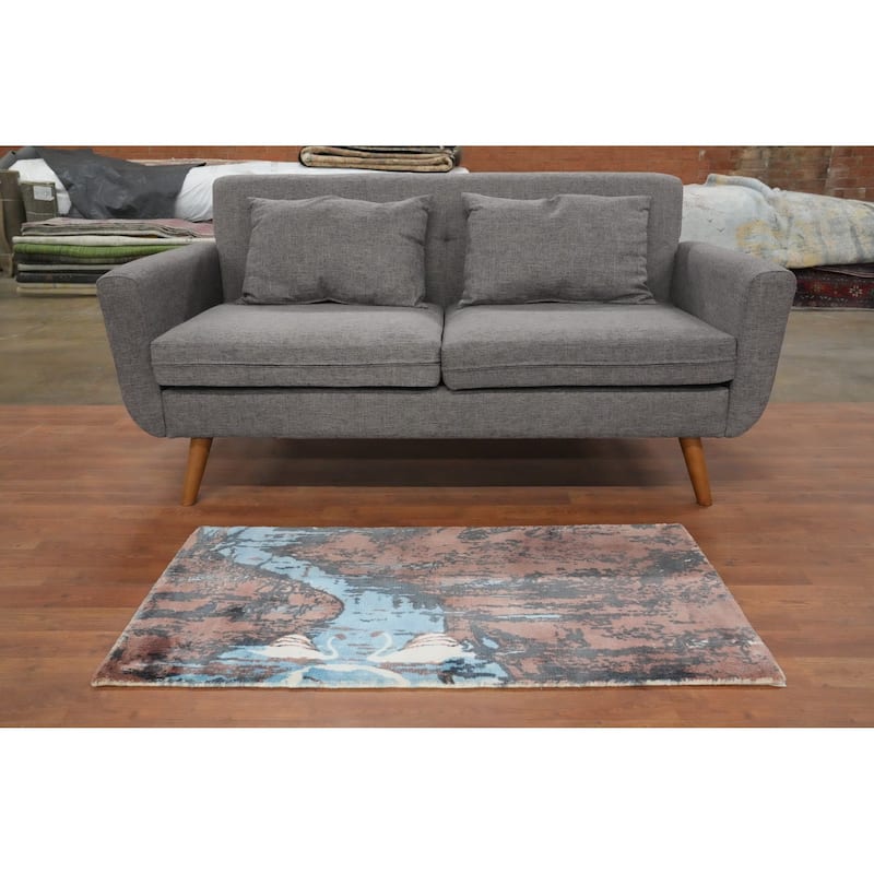 Hand Knotted Oriental Viscose Silk Carpet Modern Animal Pictorial Multi-Colored Abstract Area Rug - 4' 0'' X 2' 0''