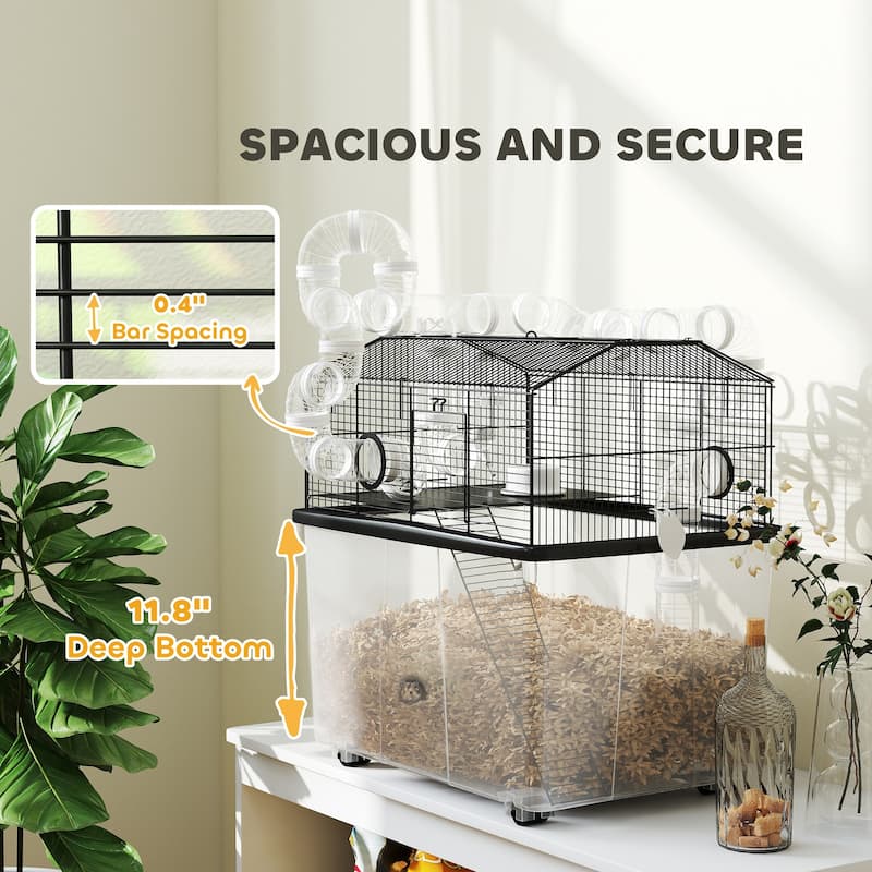 PawHut Large Hamster Cage with 12" Deep Tray, 2 Tier Gerbil Cage with Tube System, Water Bottle, Ramp, Black